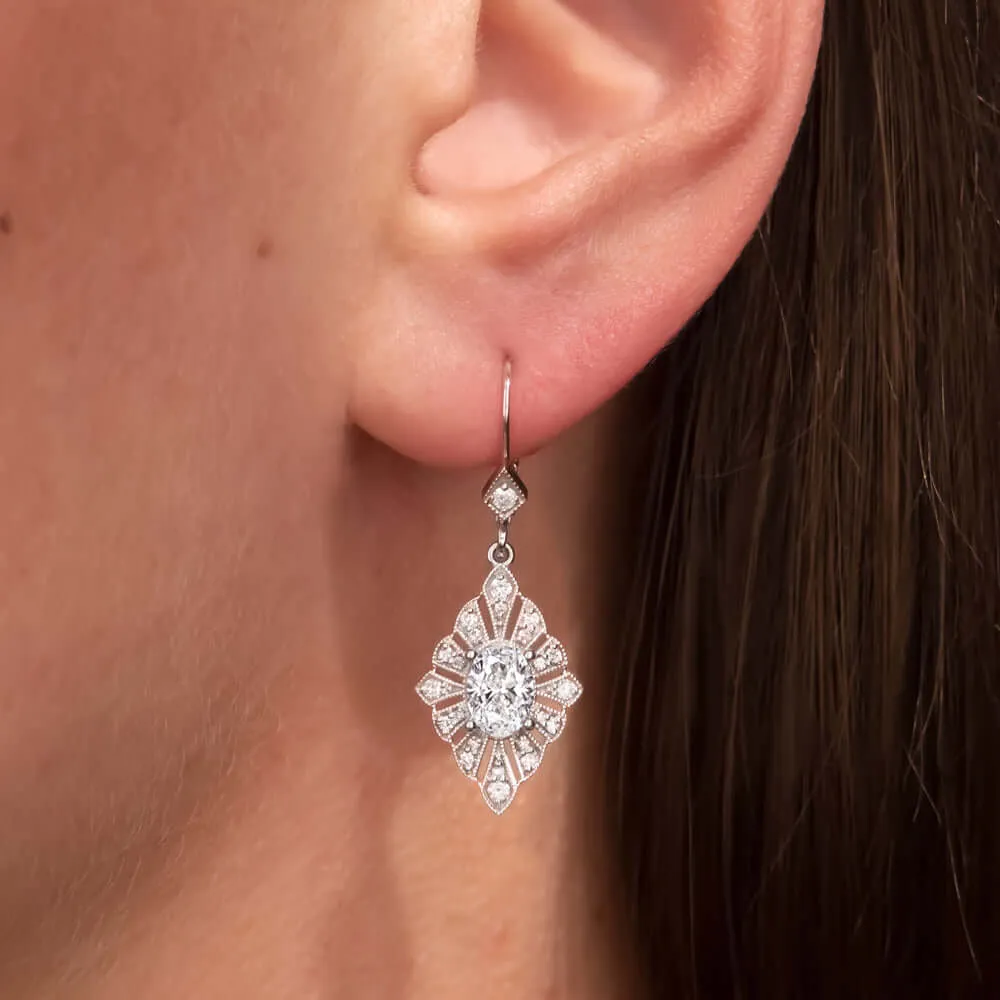 1.74c LAB CREATED DIAMOND EARRINGS VINTAGE STYLE DANGLE DROP ART DECO STYLE HALO