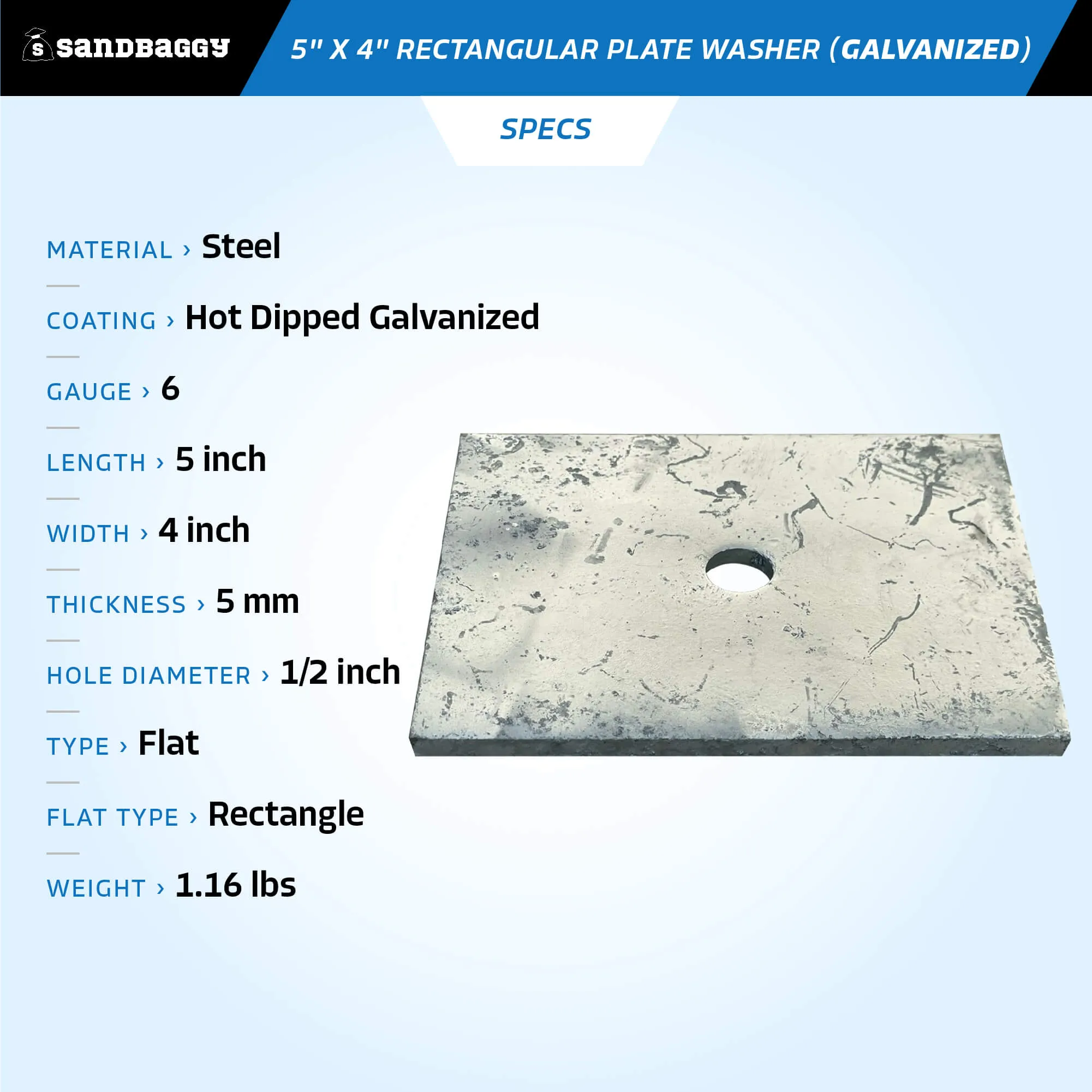 5" x 4" Rectangular Plate Washer (Galvanized) - 1/2" Anchor Bolt Diameter