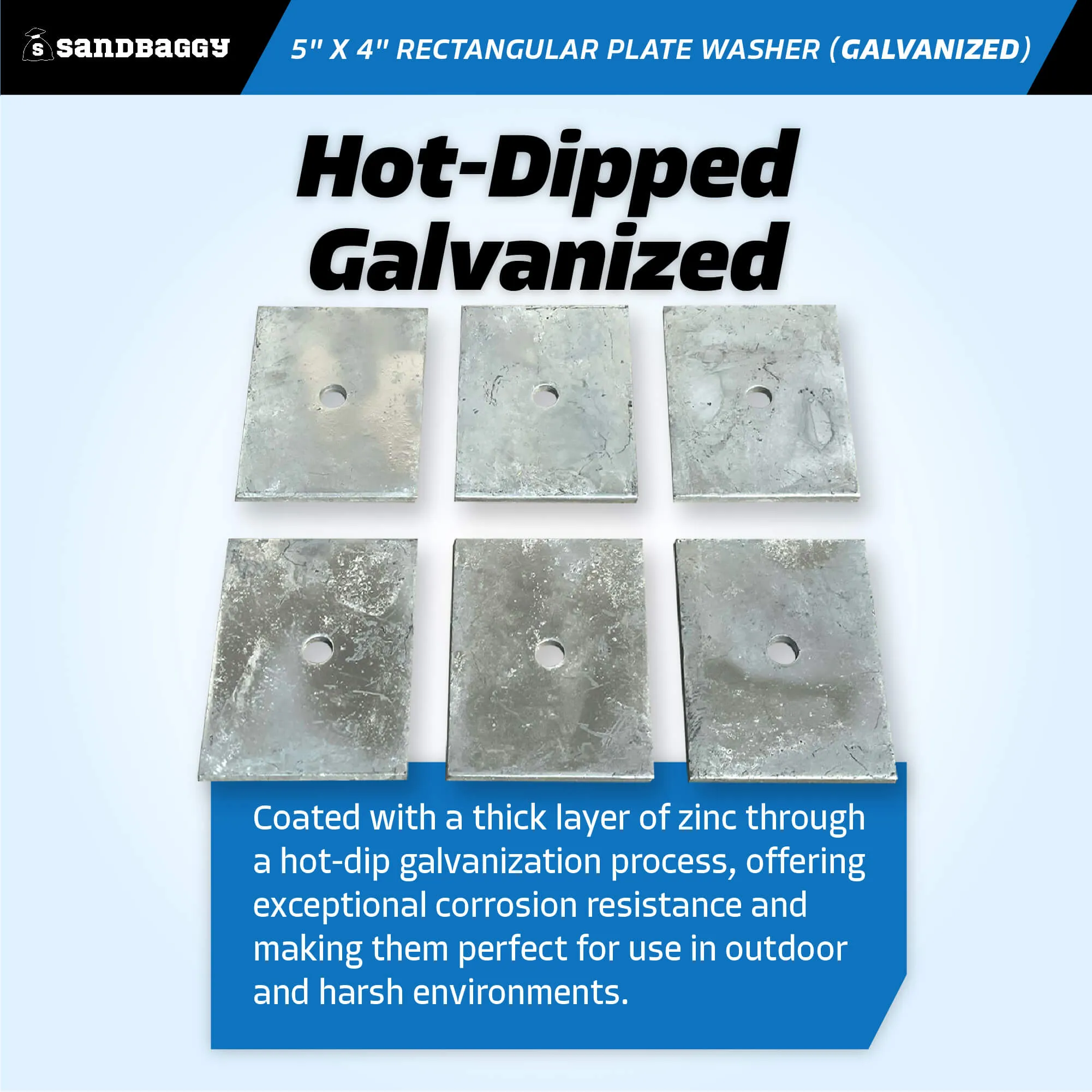 5" x 4" Rectangular Plate Washer (Galvanized) - 1/2" Anchor Bolt Diameter