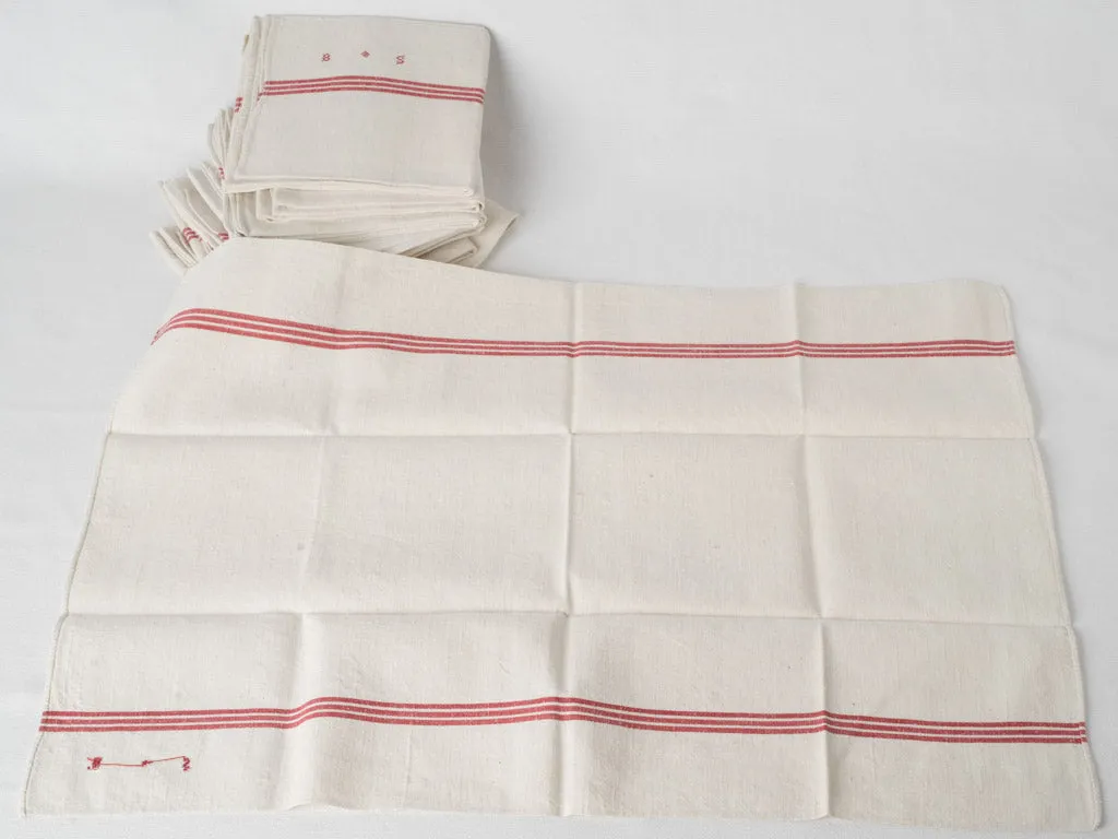 9 French Linen tea towels - red stripe BS monogram