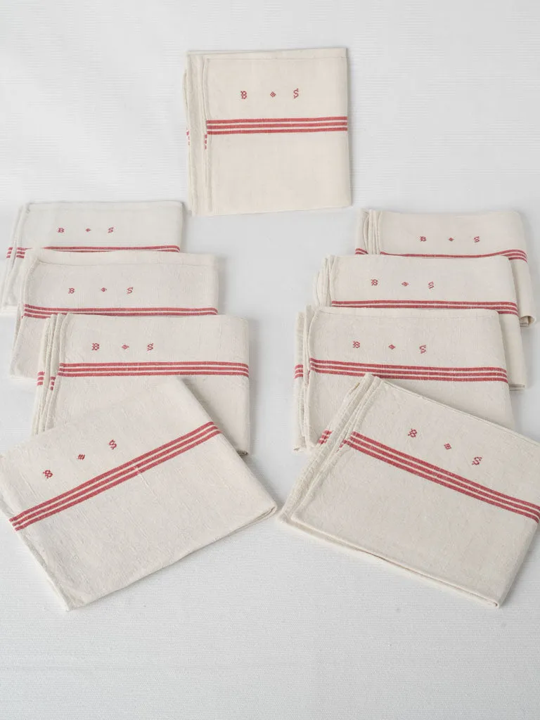 9 French Linen tea towels - red stripe BS monogram
