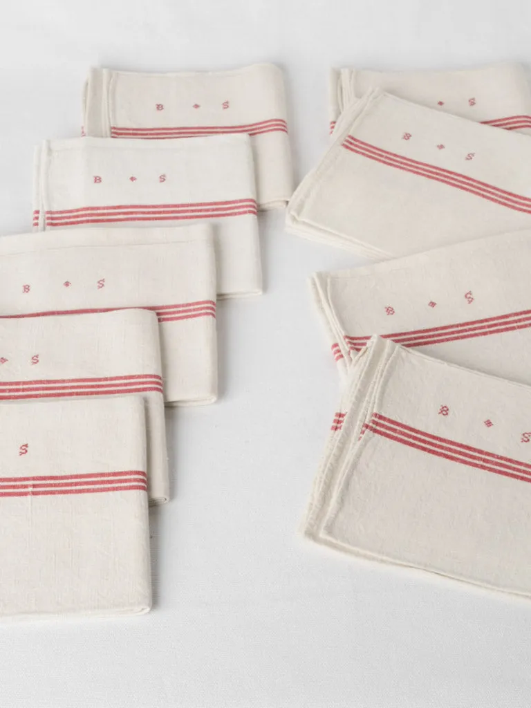 9 French Linen tea towels - red stripe BS monogram