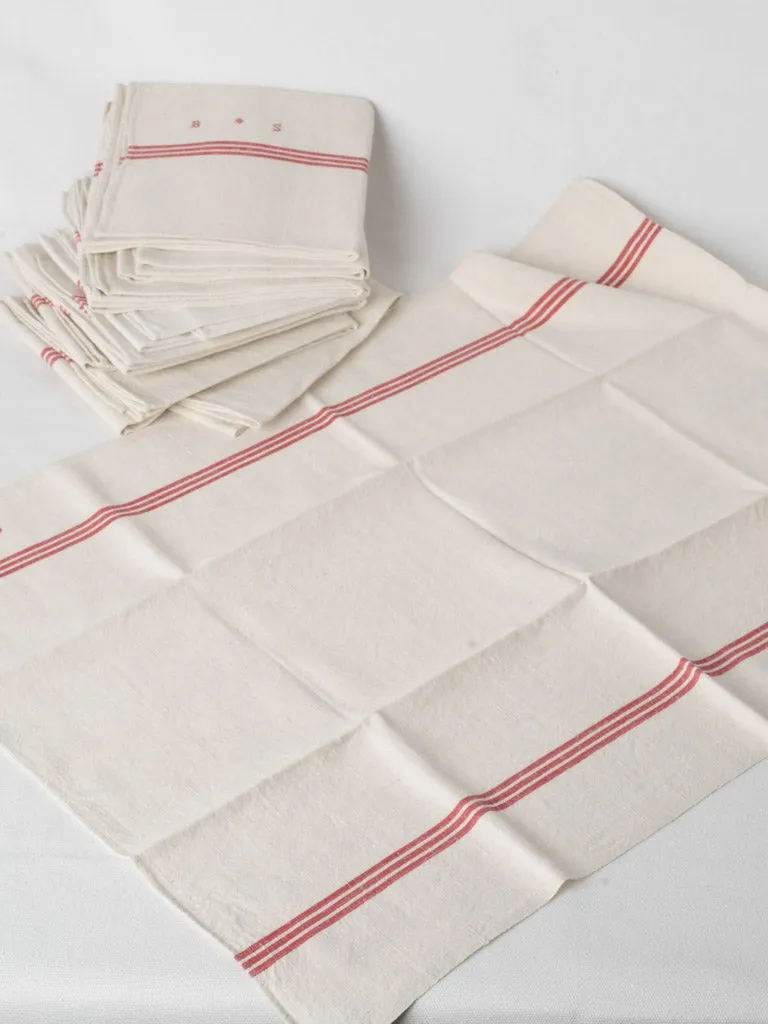 9 French Linen tea towels - red stripe BS monogram