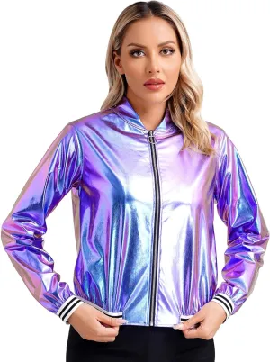 ACSUSS Women's Holographic Jacket Long Sleeve Zipper Shiny Sparkly Bomber Jackets Outerwear