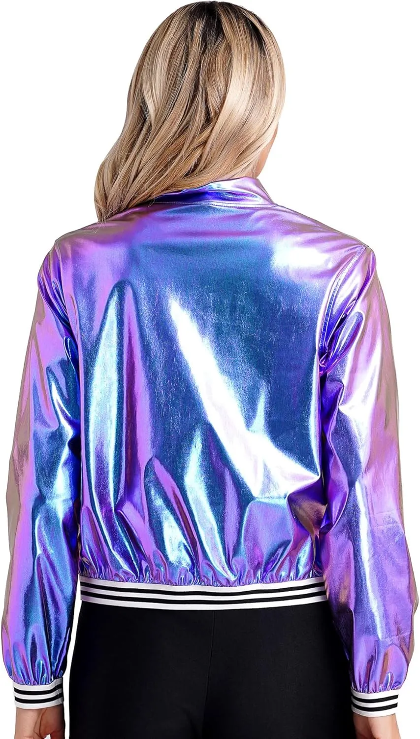 ACSUSS Women's Holographic Jacket Long Sleeve Zipper Shiny Sparkly Bomber Jackets Outerwear