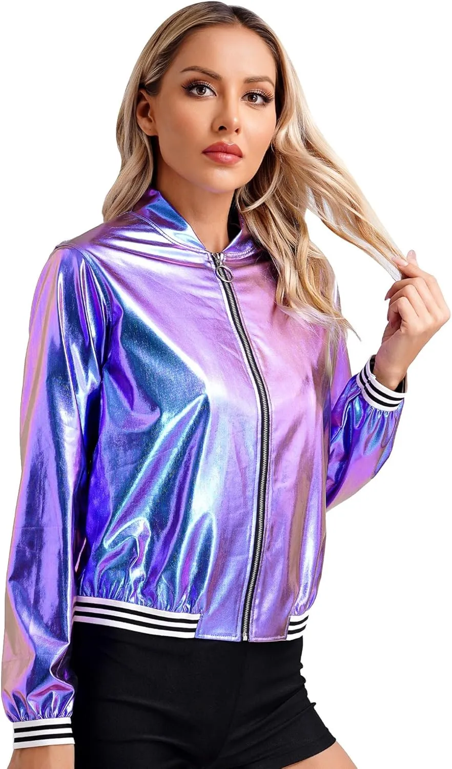 ACSUSS Women's Holographic Jacket Long Sleeve Zipper Shiny Sparkly Bomber Jackets Outerwear