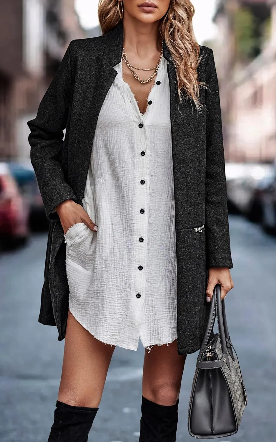 Angashion Womens Coat, Long Sleeve Stand Collar Cardigan Mid-Long Open Front Outwear Overcoat with Zipper Pockets