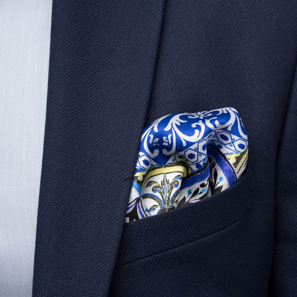 Baroque Ceramic Blue Yellow and White Silk Pocket Square