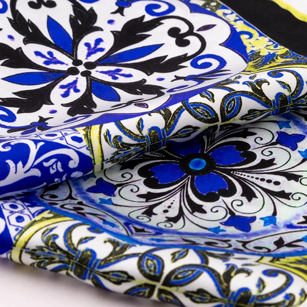 Baroque Ceramic Blue Yellow and White Silk Pocket Square