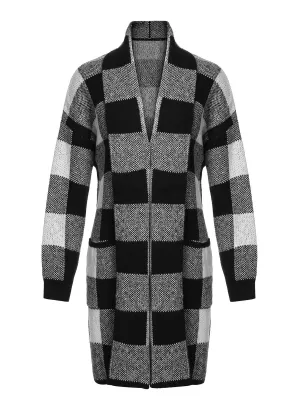 Black & Gray 1950s Plaid Knitted Long Cardigan
