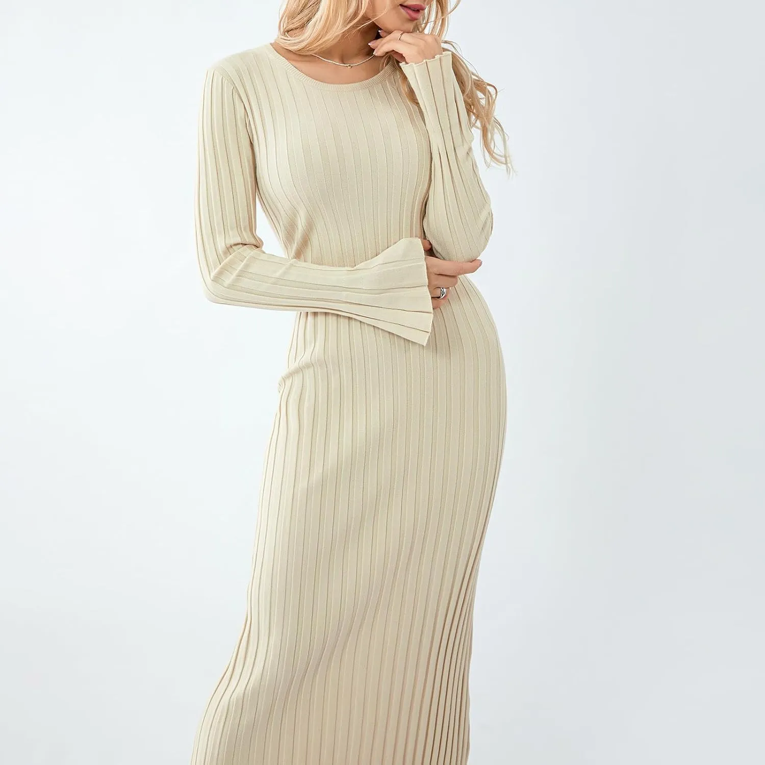 Bowanadacles Women Casual Knitted Maxi Dress Solid Color Long Sleeve Round Neck Ribbed Long Dress Elegant Party Knit Dress