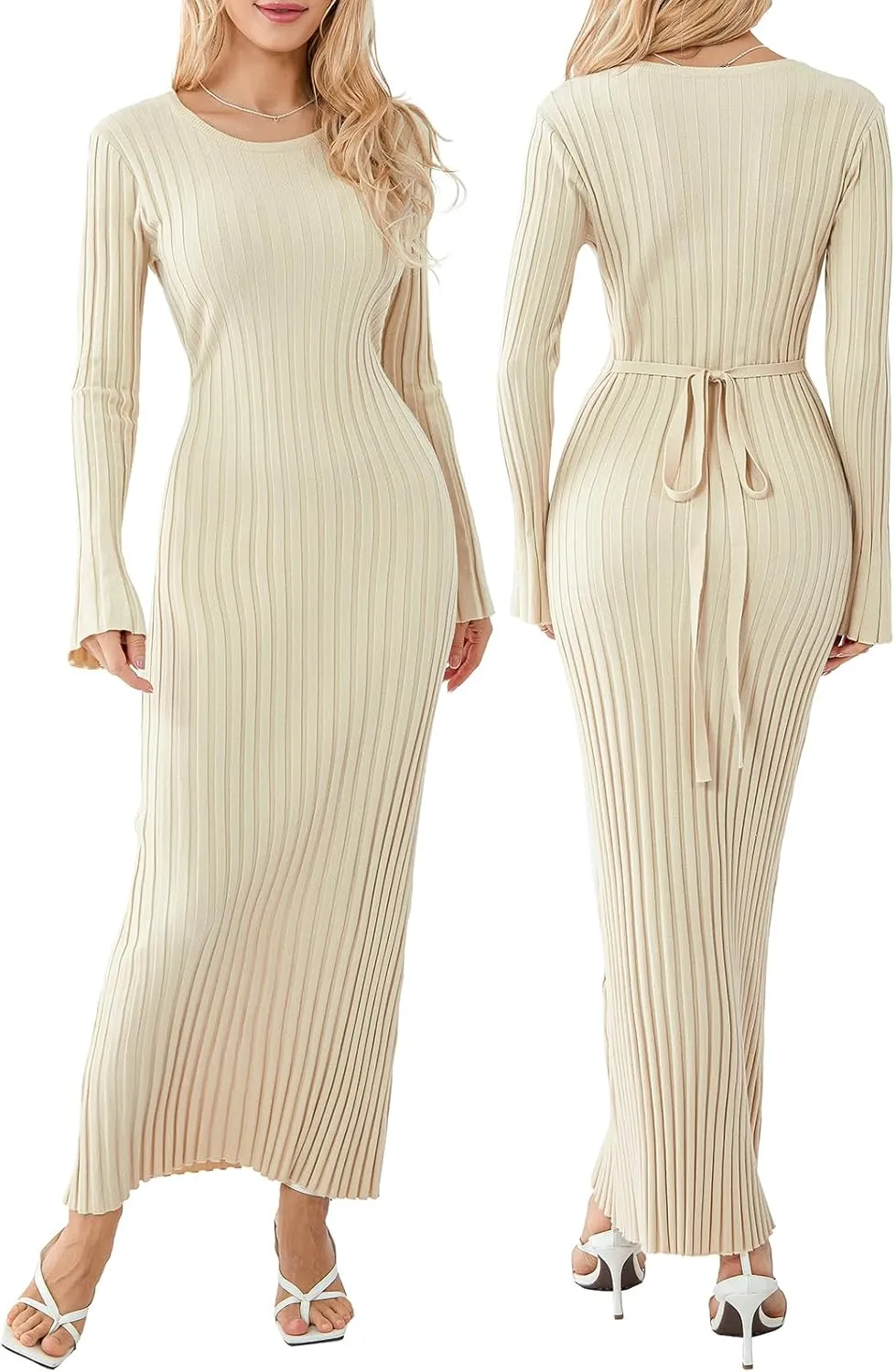 Bowanadacles Women Casual Knitted Maxi Dress Solid Color Long Sleeve Round Neck Ribbed Long Dress Elegant Party Knit Dress