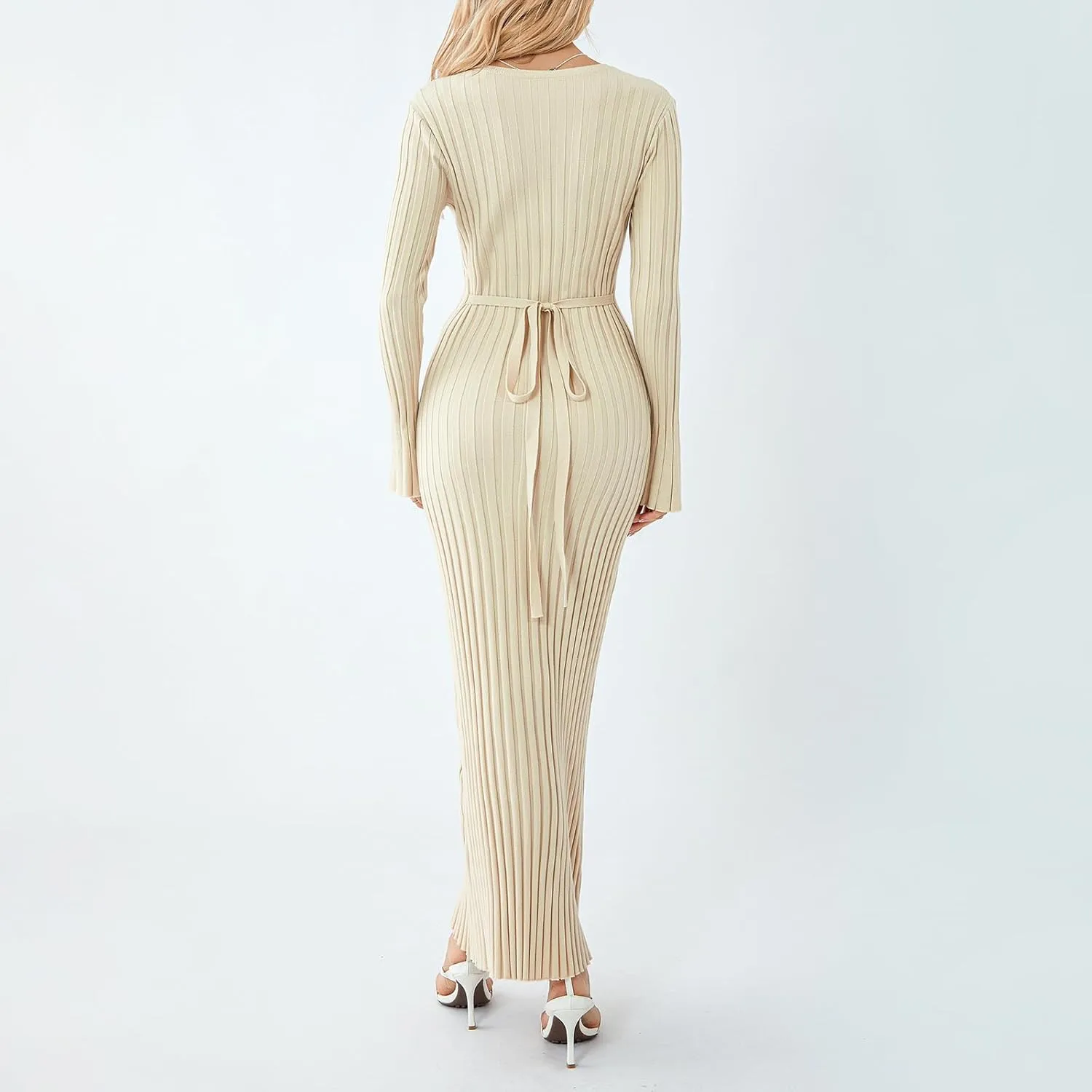 Bowanadacles Women Casual Knitted Maxi Dress Solid Color Long Sleeve Round Neck Ribbed Long Dress Elegant Party Knit Dress