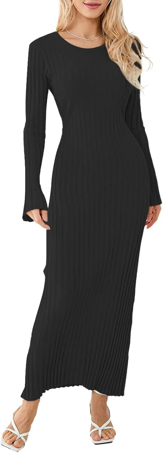 Bowanadacles Women Casual Knitted Maxi Dress Solid Color Long Sleeve Round Neck Ribbed Long Dress Elegant Party Knit Dress