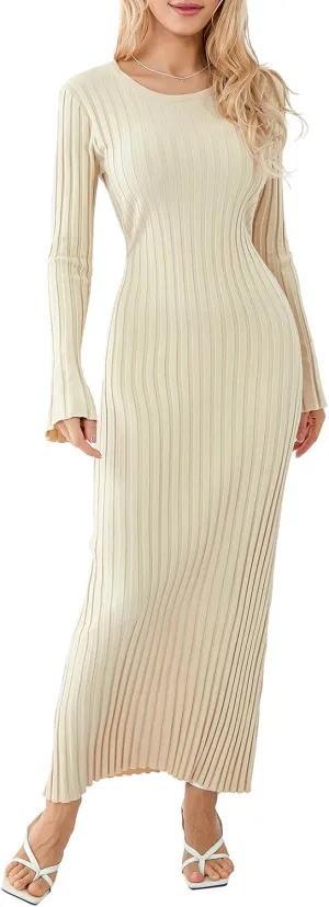 Bowanadacles Women Casual Knitted Maxi Dress Solid Color Long Sleeve Round Neck Ribbed Long Dress Elegant Party Knit Dress
