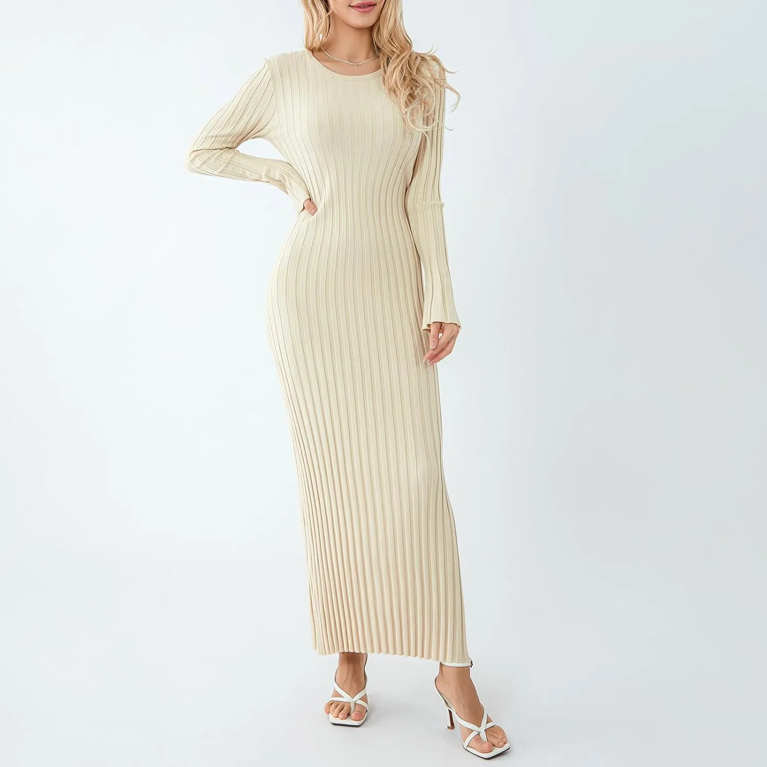 Bowanadacles Women Casual Knitted Maxi Dress Solid Color Long Sleeve Round Neck Ribbed Long Dress Elegant Party Knit Dress