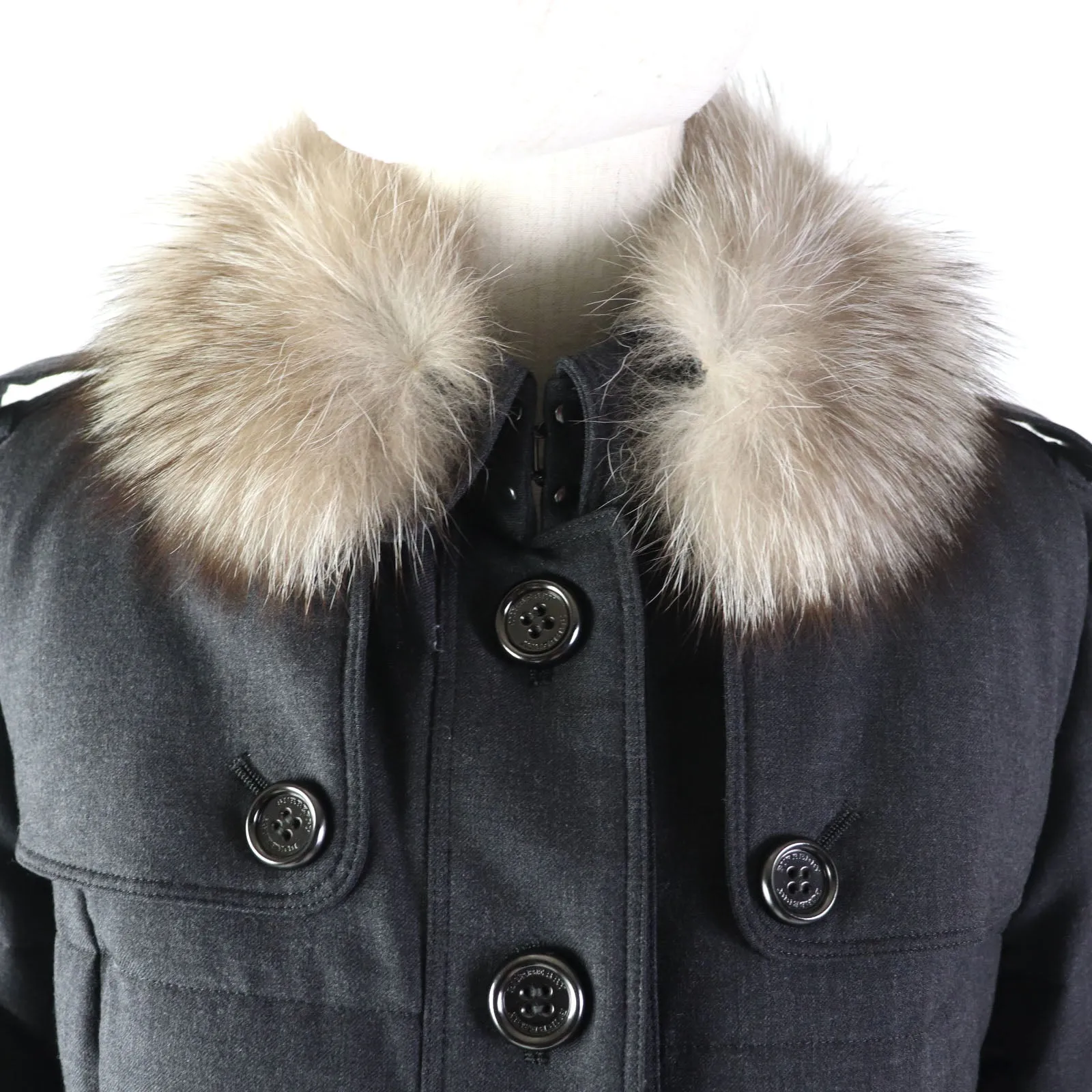 Burberry Wool Fox Fur Trench Coat Gray 40