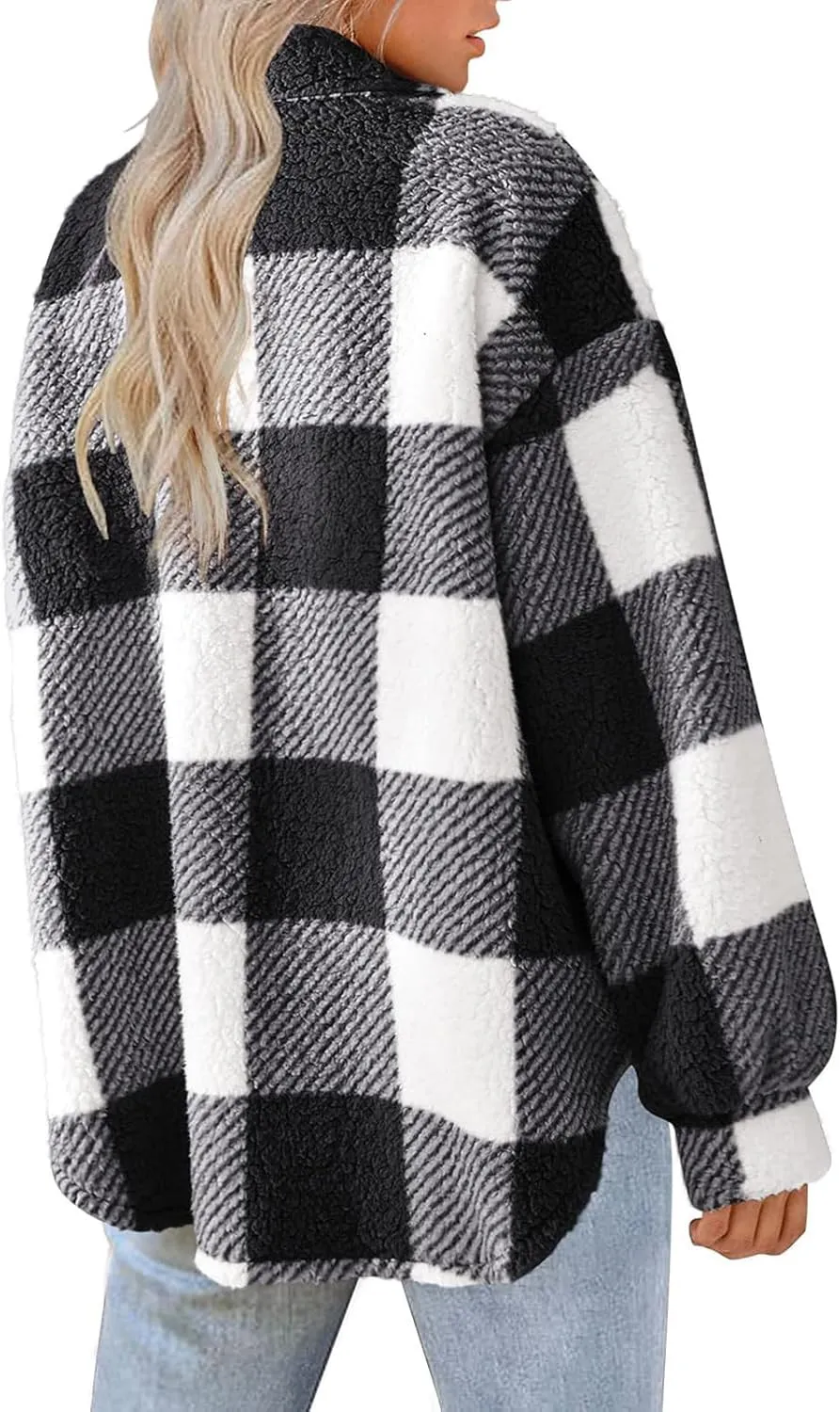 Cdiecer Women Flannel Jacket Fuzzy Plaid Jacket Button Down Teddy Coat Long Sleeve Sherpa Jackets Winter Warm Coats