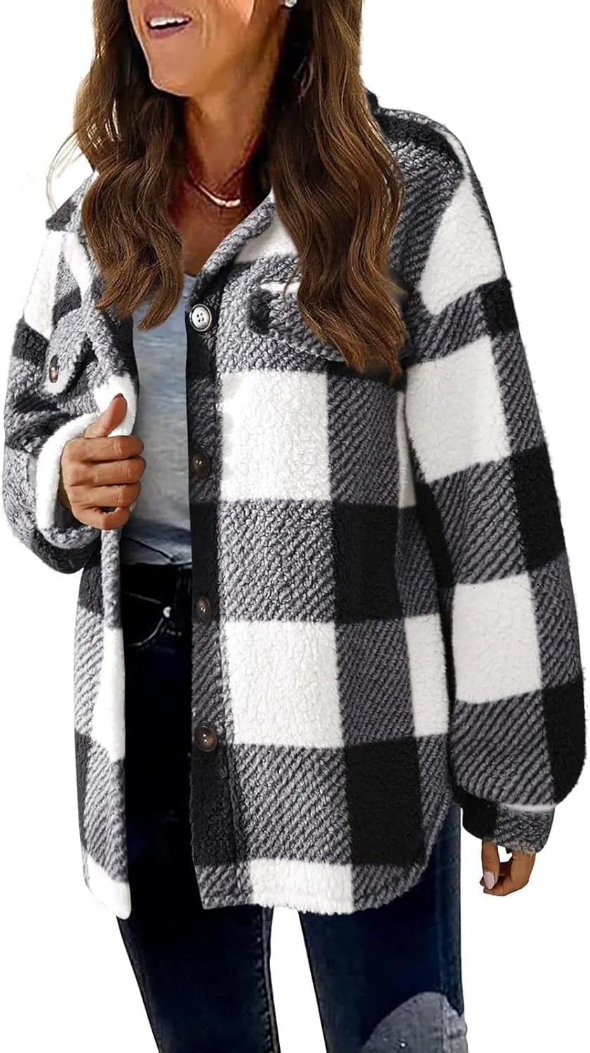Cdiecer Women Flannel Jacket Fuzzy Plaid Jacket Button Down Teddy Coat Long Sleeve Sherpa Jackets Winter Warm Coats