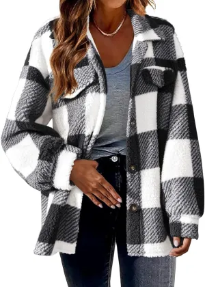 Cdiecer Women Flannel Jacket Fuzzy Plaid Jacket Button Down Teddy Coat Long Sleeve Sherpa Jackets Winter Warm Coats
