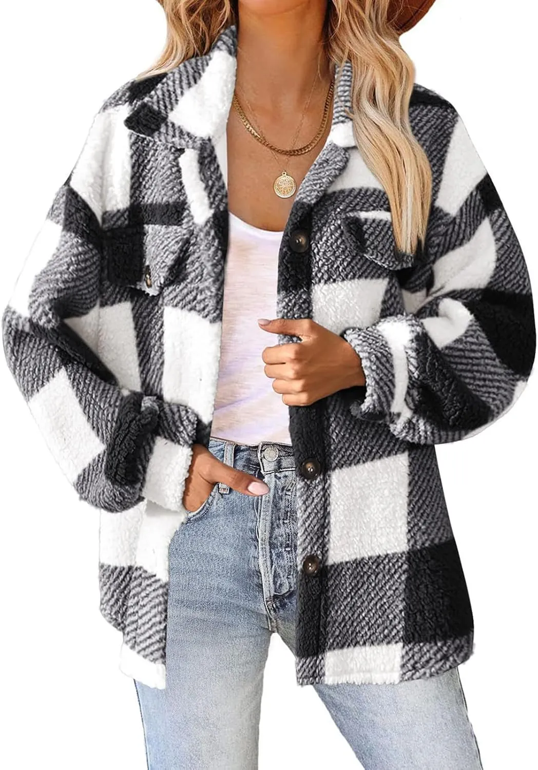 Cdiecer Women Flannel Jacket Fuzzy Plaid Jacket Button Down Teddy Coat Long Sleeve Sherpa Jackets Winter Warm Coats