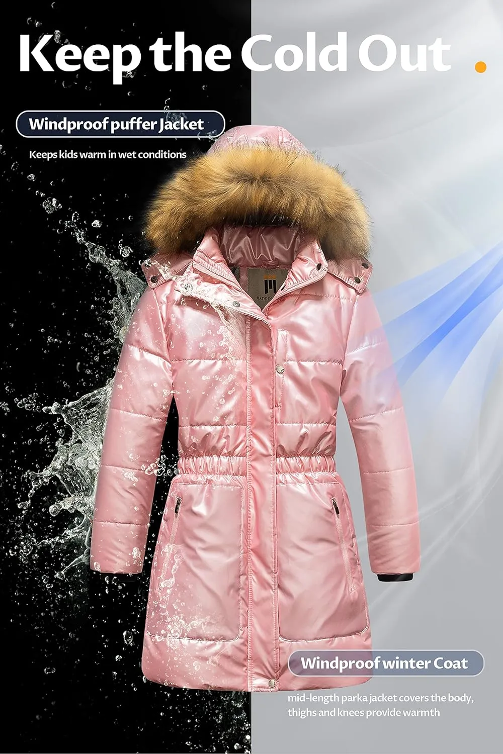 CREATMO US Girl's Long Length Winter Coat Parka Water Resistant Puffer Jacket With Fleece Lining