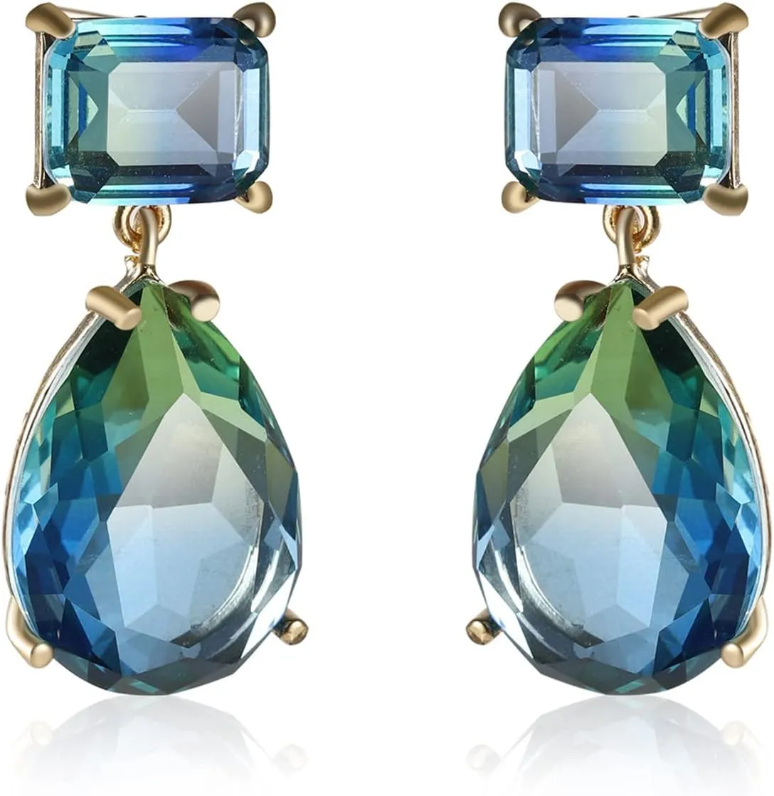 Crystal Earrings CXUEMH Teardrop Earrings for Women Blue and Green Dangle Earrings Elegant Earrings for Prom Emerald Green Earrings Formal Jewelry Crystal Drop Earrings