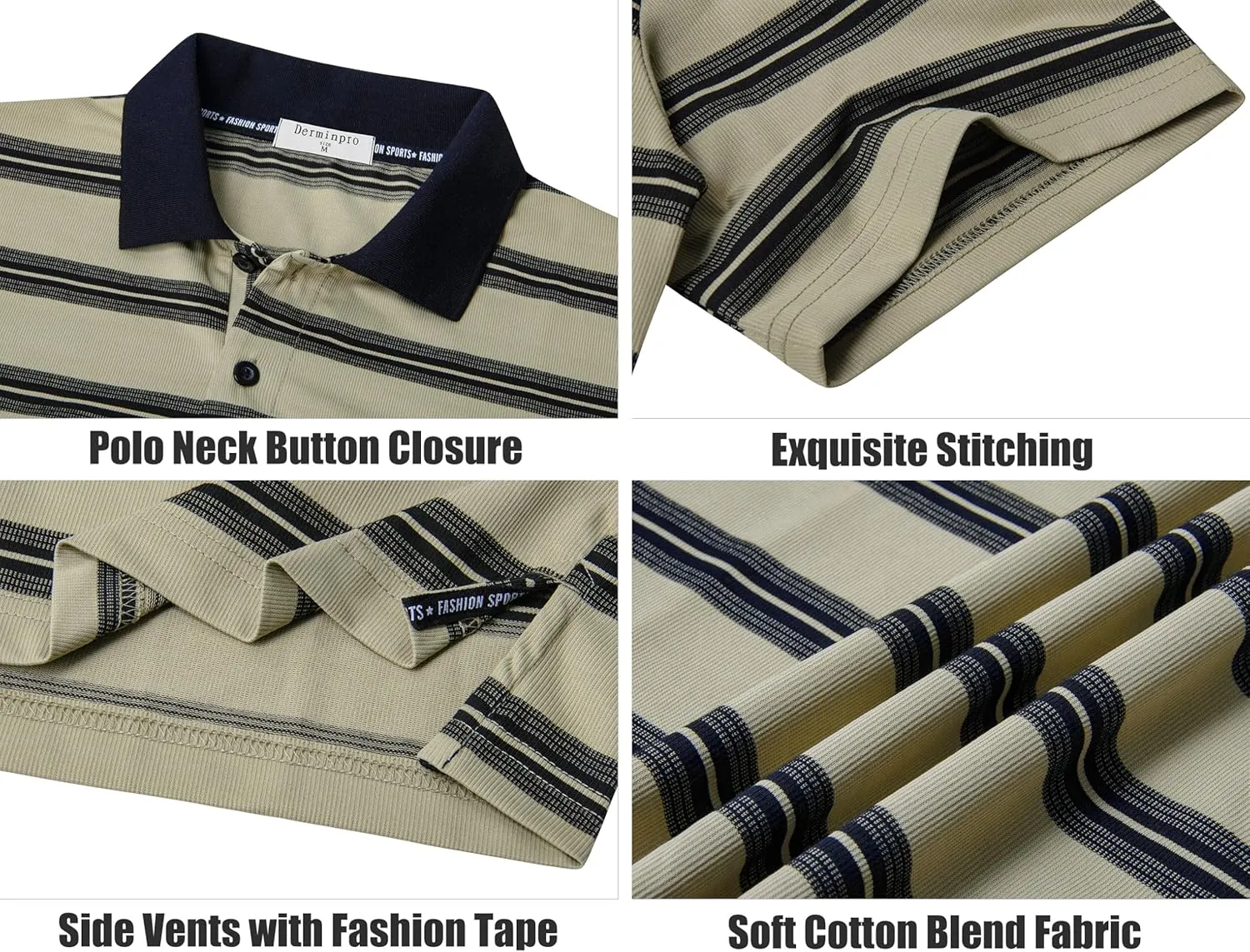 Derminpro Men's Stripe Polo Shirts Short Sleeve Loose Fit Collared T-Shirts