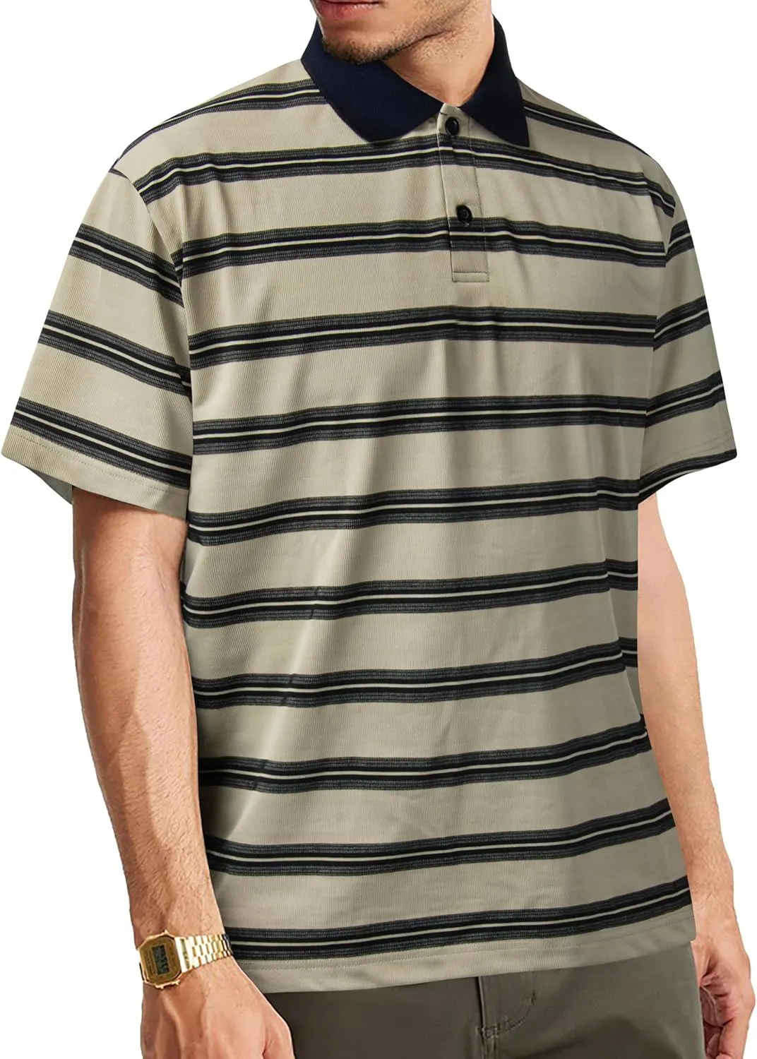 Derminpro Men's Stripe Polo Shirts Short Sleeve Loose Fit Collared T-Shirts