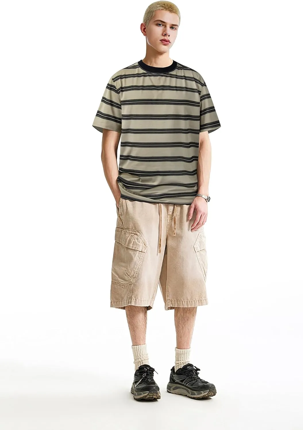 Derminpro Men's Stripe Polo Shirts Short Sleeve Loose Fit Collared T-Shirts