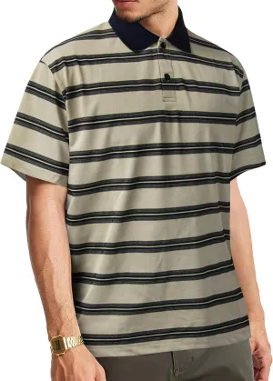 Derminpro Men's Stripe Polo Shirts Short Sleeve Loose Fit Collared T-Shirts