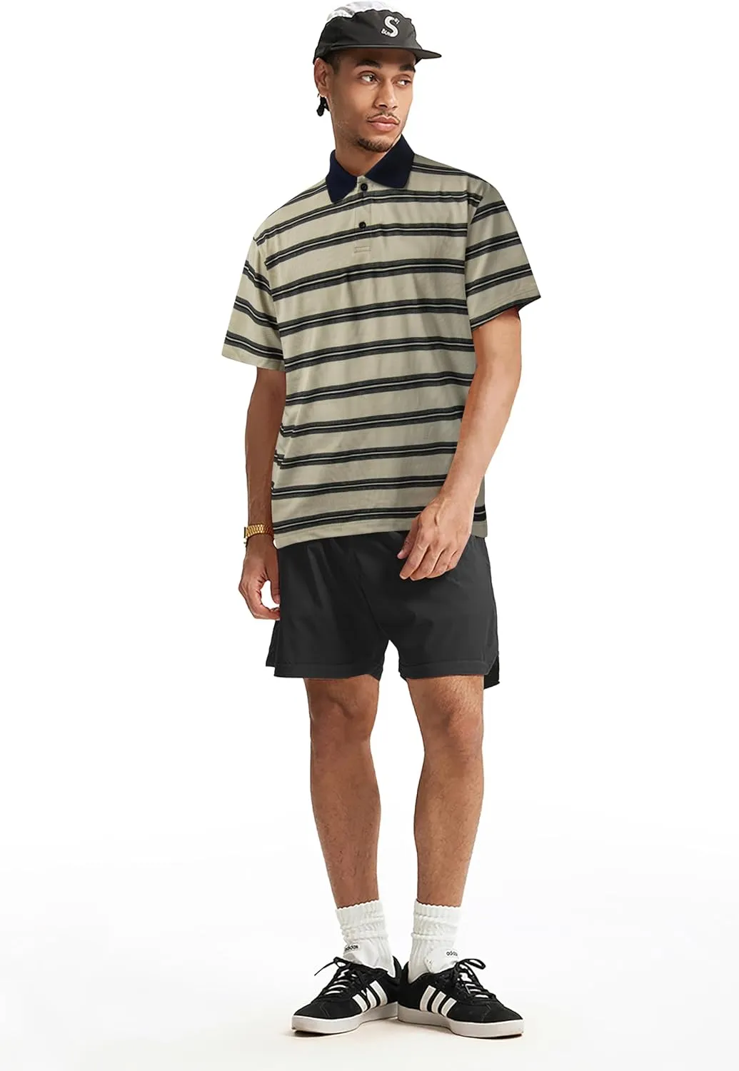 Derminpro Men's Stripe Polo Shirts Short Sleeve Loose Fit Collared T-Shirts