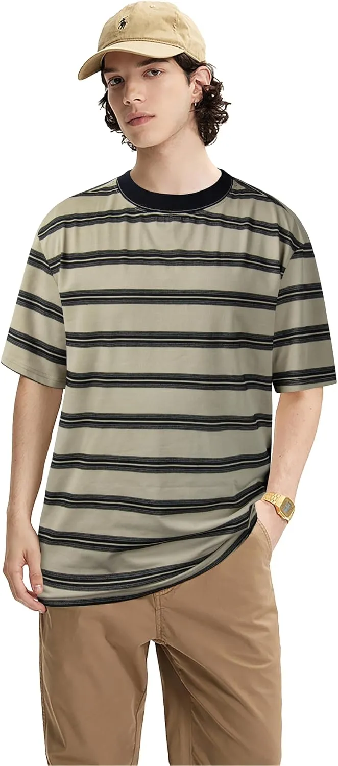 Derminpro Men's Stripe Polo Shirts Short Sleeve Loose Fit Collared T-Shirts