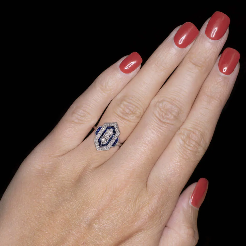 DIAMOND SAPPHIRE VINTAGE STYLE RING ART DECO GEOMETRIC COCKTAIL CALIBRE NATURAL