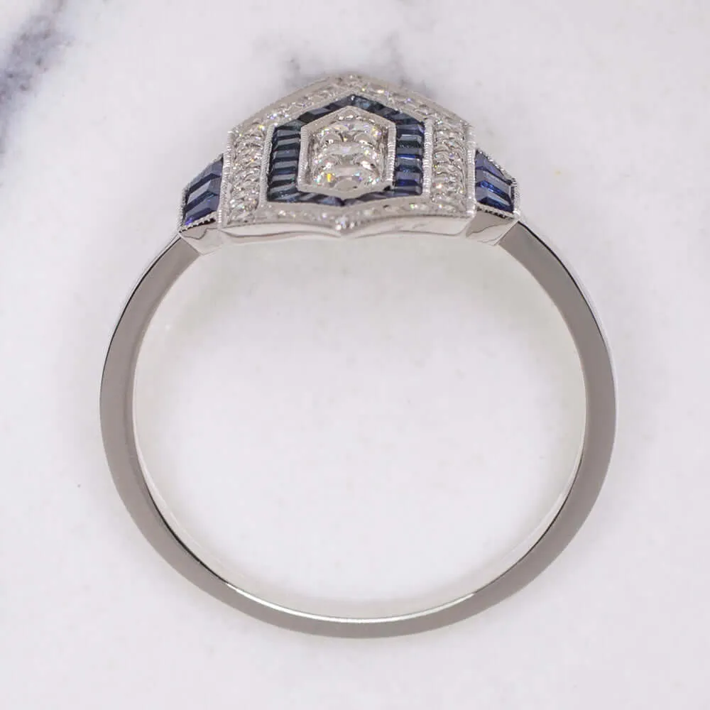 DIAMOND SAPPHIRE VINTAGE STYLE RING ART DECO GEOMETRIC COCKTAIL CALIBRE NATURAL