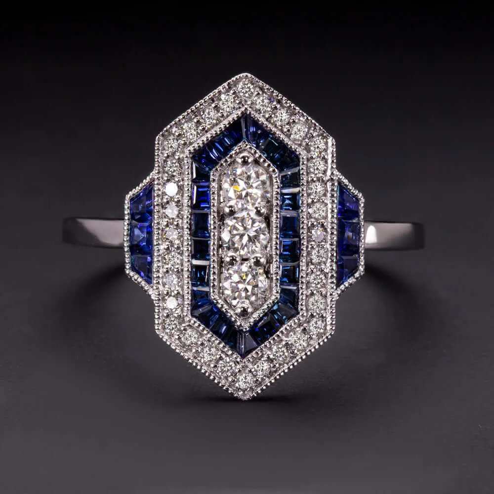 DIAMOND SAPPHIRE VINTAGE STYLE RING ART DECO GEOMETRIC COCKTAIL CALIBRE NATURAL