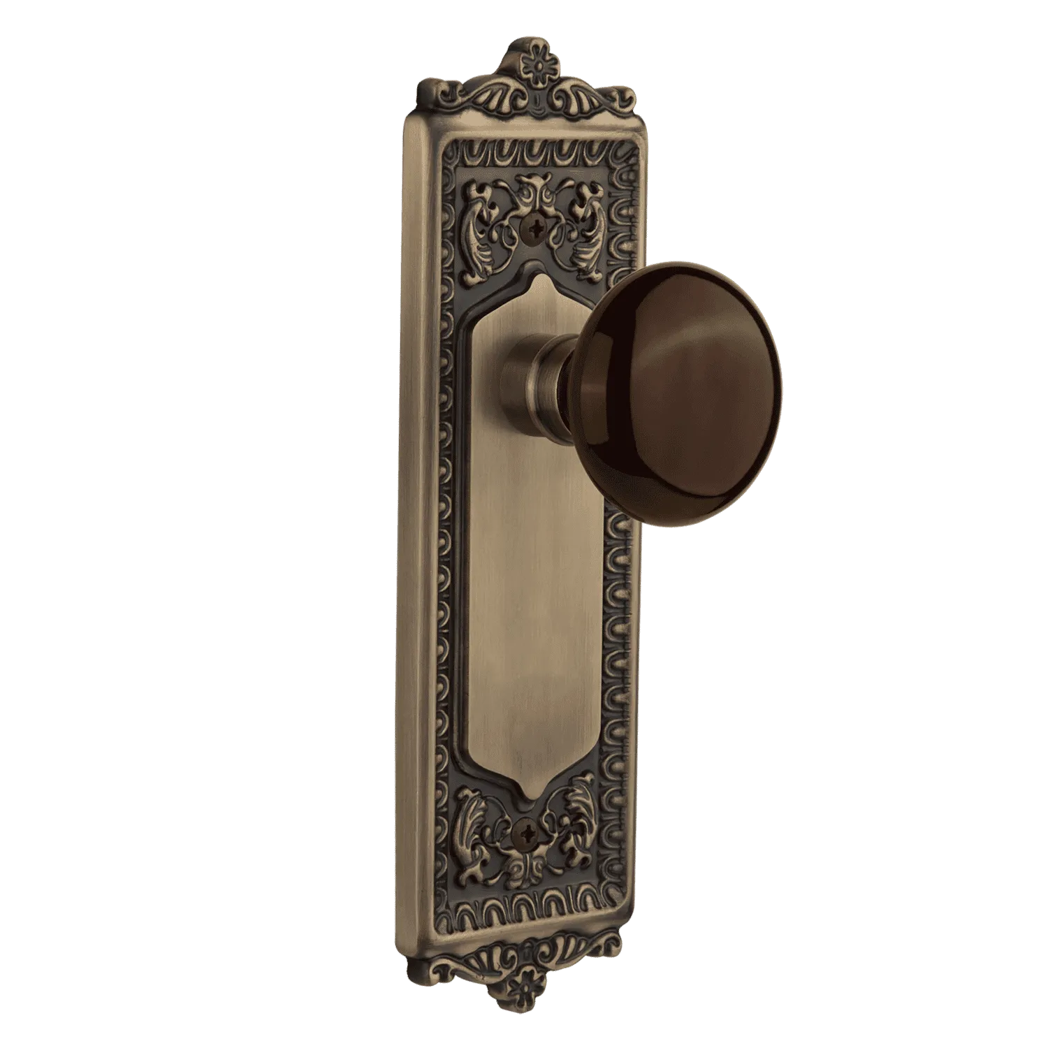 Egg & Dart Long Plate with Brown Porcelain Knob in Antique Brass