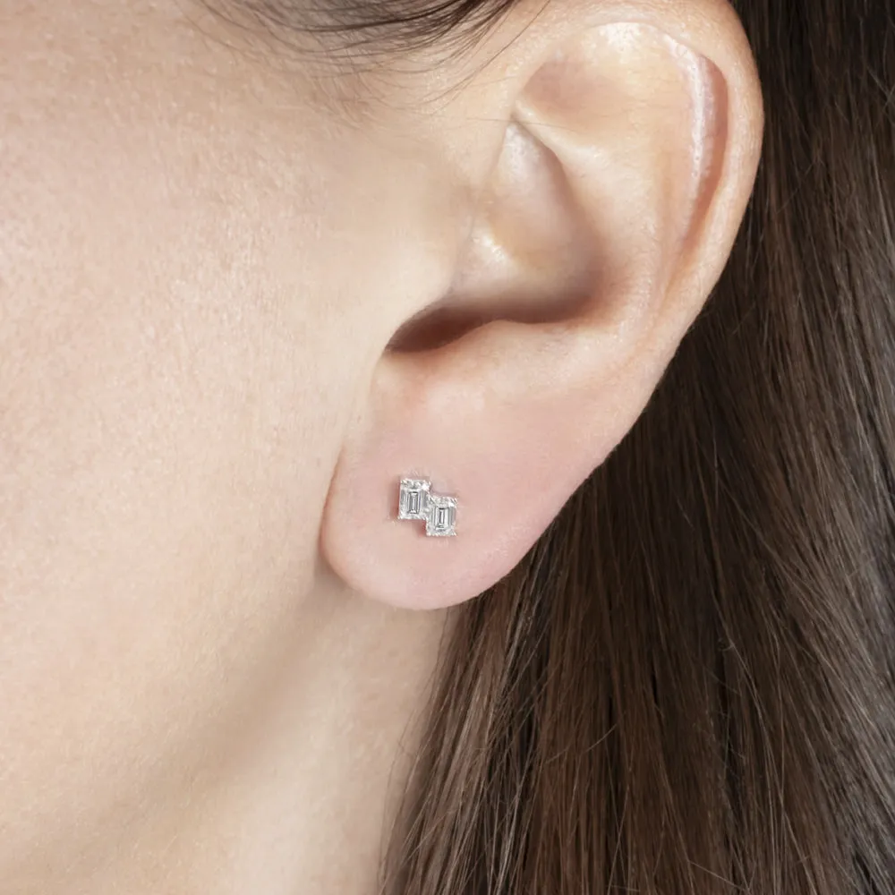 EMERALD CUT LAB CREATED DIAMOND STUD EARRINGS 14k WHITE GOLD CLUSTER MINIMALIST