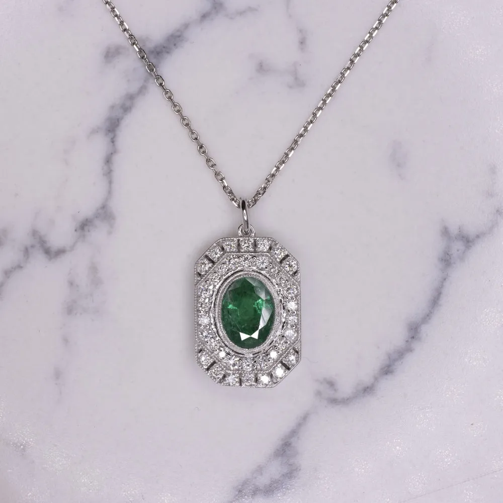 EMERALD DIAMOND VINTAGE STYLE NECKLACE ART DECO OVAL GEOMETRIC HALO PENDANT