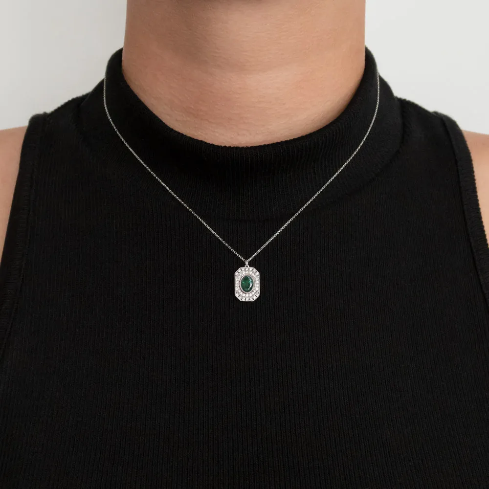 EMERALD DIAMOND VINTAGE STYLE NECKLACE ART DECO OVAL GEOMETRIC HALO PENDANT