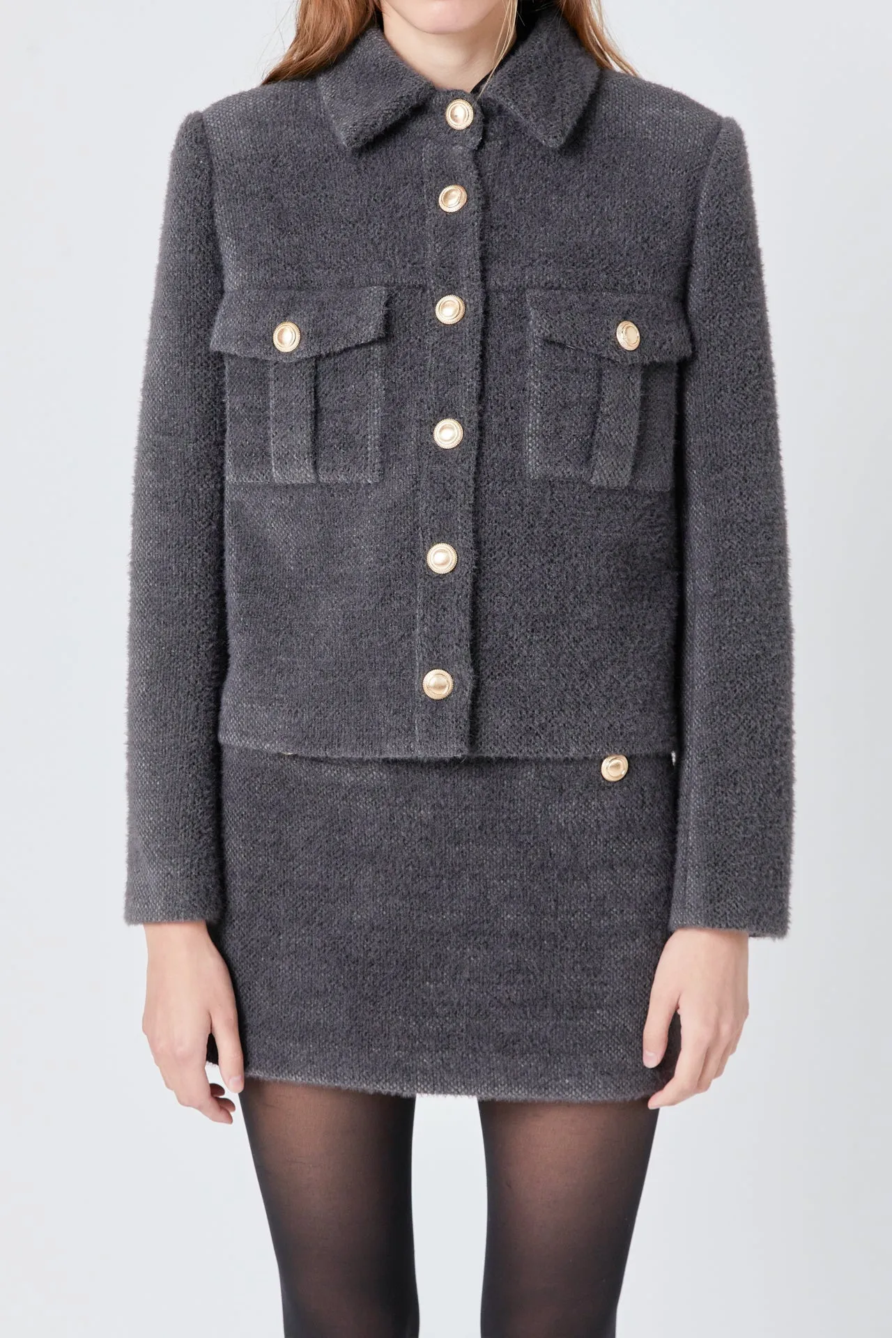 Endless Rose - Tweed Soft Brushed Buttoned Jacket