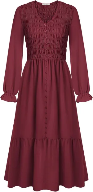 GRACE KARIN Women's 2025 Fall Long Sleeve Maxi Dresses Smocked V Neck Flowy Casual Dress with Pockets Wedding Guest