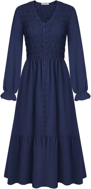 GRACE KARIN Women's 2025 Fall Long Sleeve Maxi Dresses Smocked V Neck Flowy Casual Dress with Pockets Wedding Guest