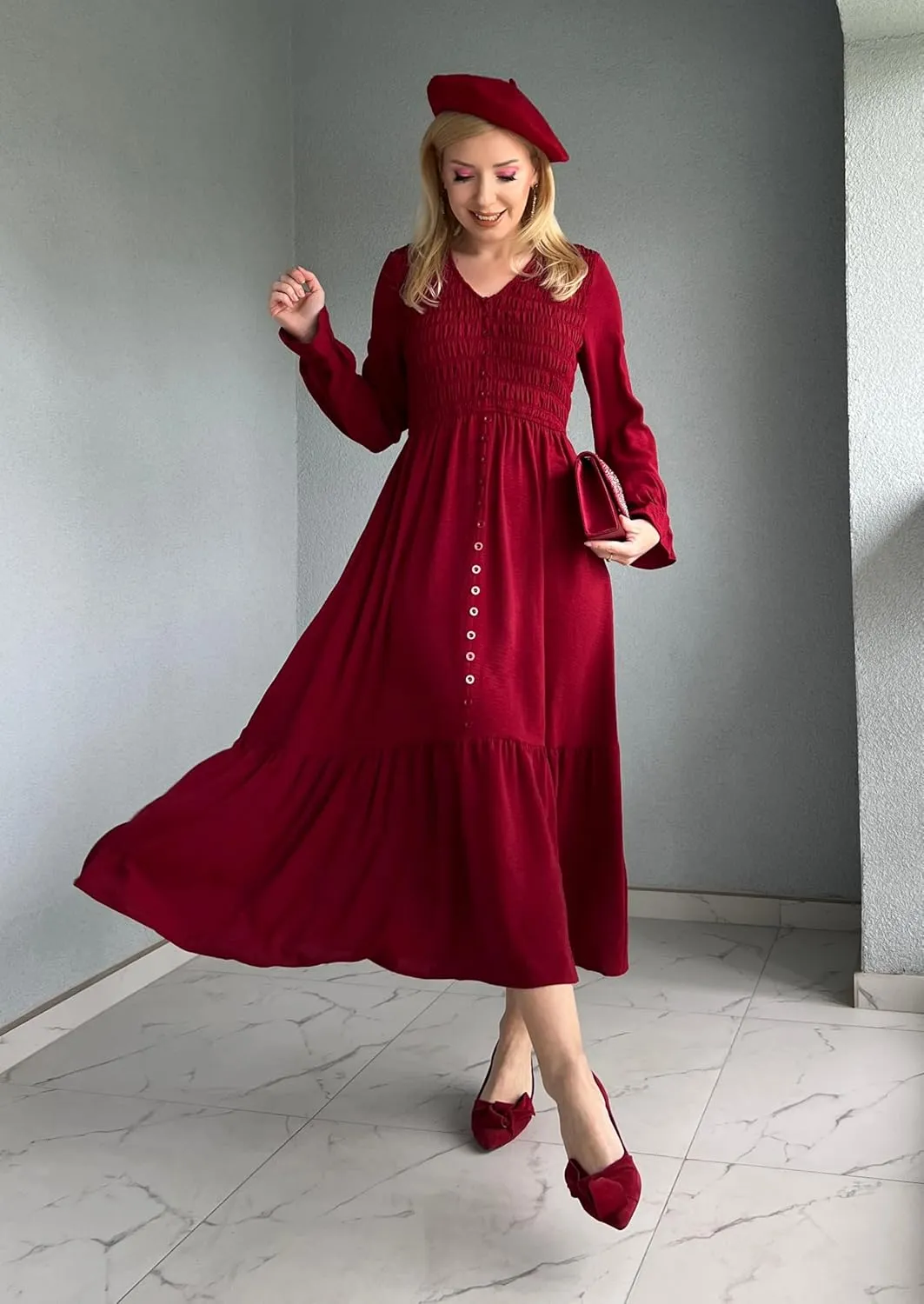 GRACE KARIN Women's 2025 Fall Long Sleeve Maxi Dresses Smocked V Neck Flowy Casual Dress with Pockets Wedding Guest
