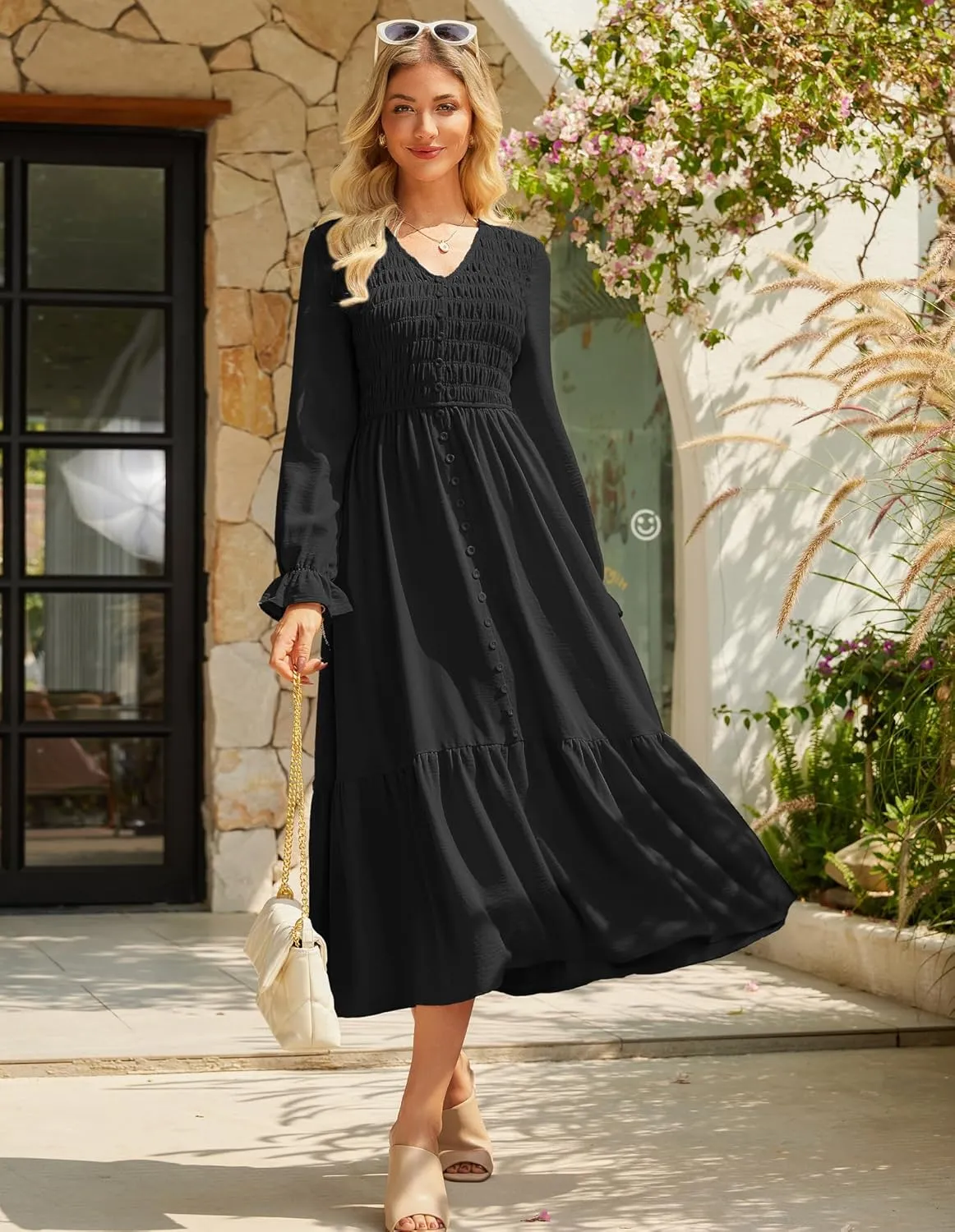 GRACE KARIN Women's 2025 Fall Long Sleeve Maxi Dresses Smocked V Neck Flowy Casual Dress with Pockets Wedding Guest
