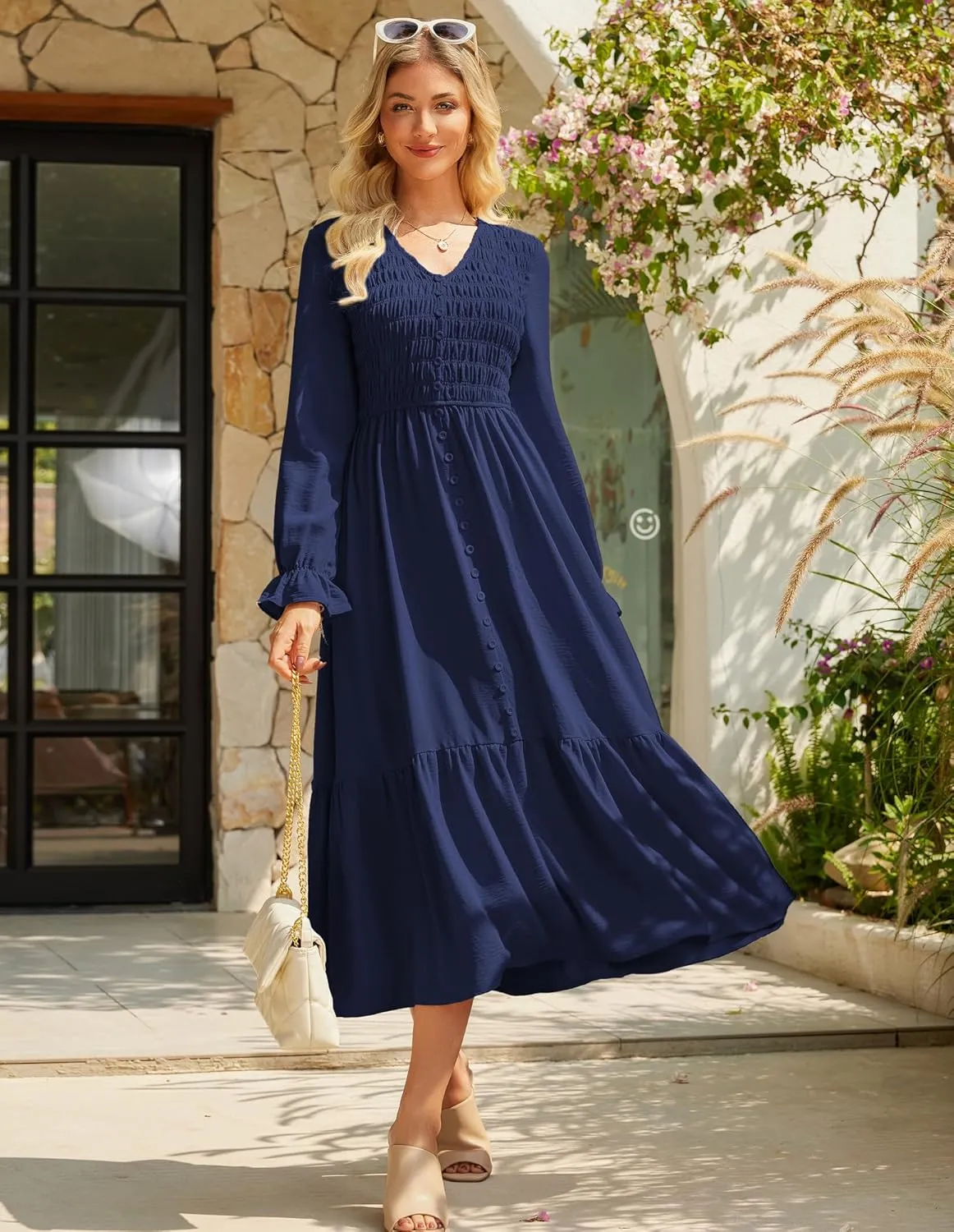 GRACE KARIN Women's 2025 Fall Long Sleeve Maxi Dresses Smocked V Neck Flowy Casual Dress with Pockets Wedding Guest