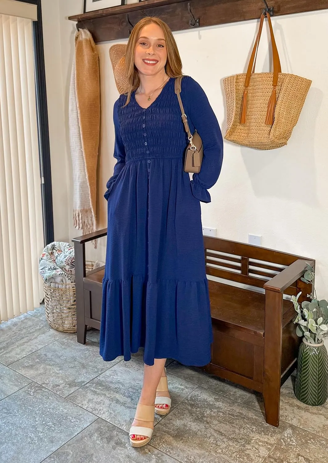 GRACE KARIN Women's 2025 Fall Long Sleeve Maxi Dresses Smocked V Neck Flowy Casual Dress with Pockets Wedding Guest