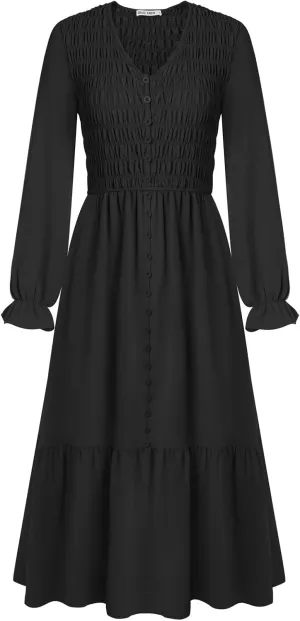GRACE KARIN Women's 2025 Fall Long Sleeve Maxi Dresses Smocked V Neck Flowy Casual Dress with Pockets Wedding Guest