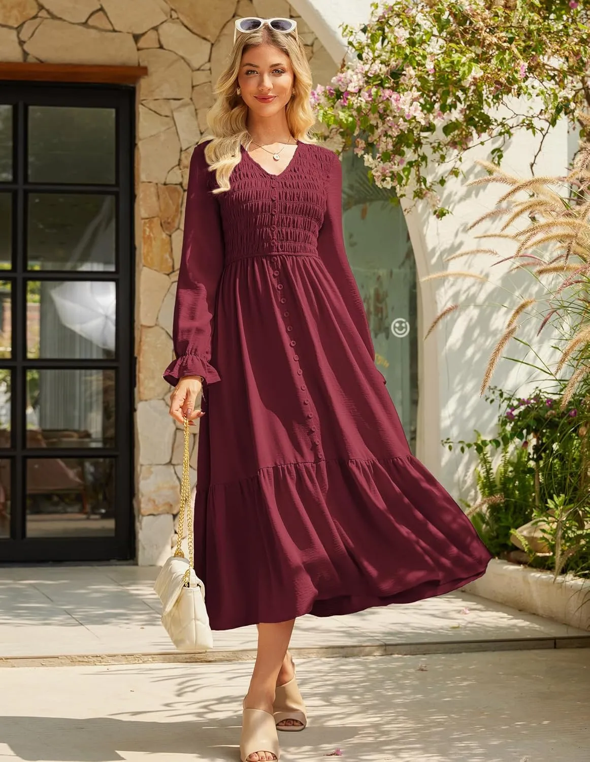 GRACE KARIN Women's 2025 Fall Long Sleeve Maxi Dresses Smocked V Neck Flowy Casual Dress with Pockets Wedding Guest