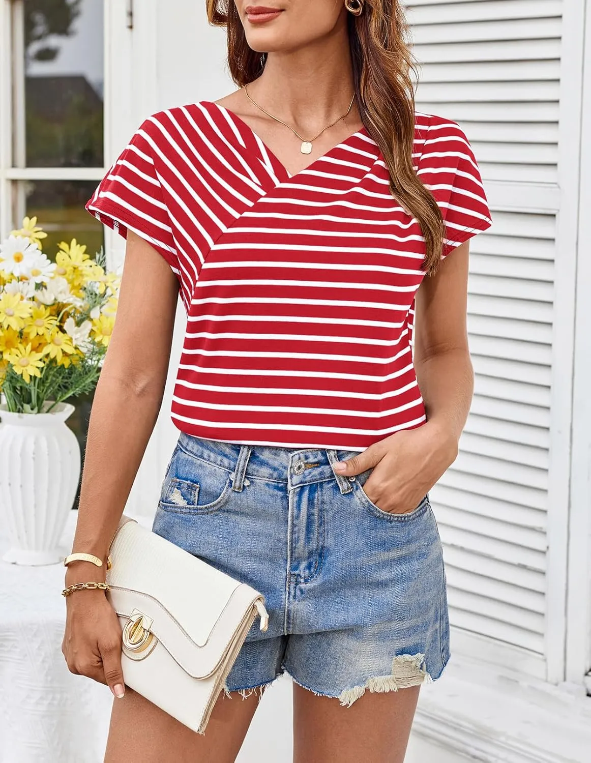 GRACE KARIN Womens Summer Tops Short Sleeve V Neck Striped T Shirt Casual Comfy Dressy Blouses